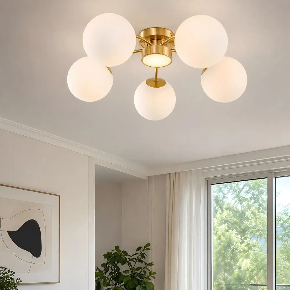 Plafonnier encastr&eacute; LED en laiton massif avec globe en verre et globe