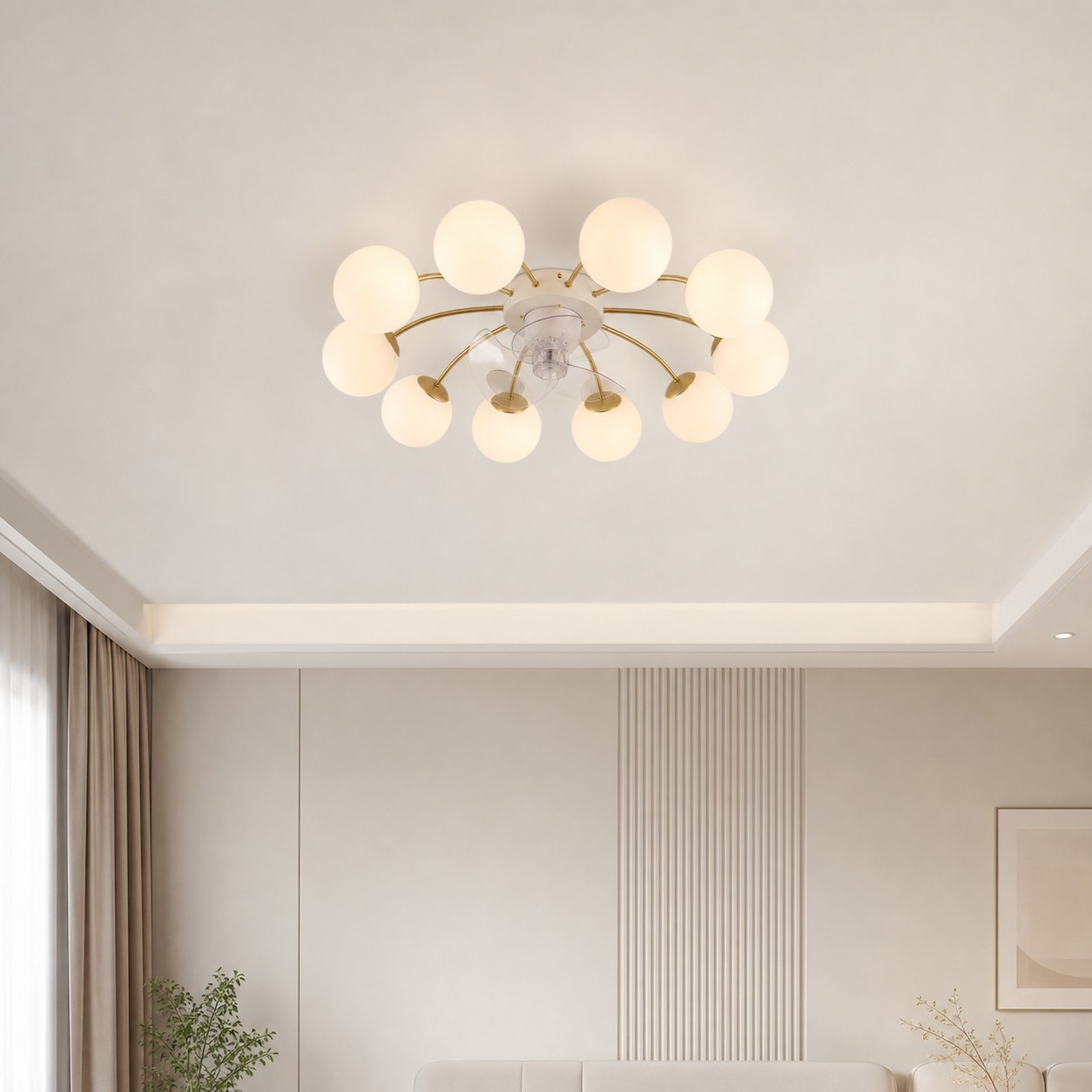 Ventilateur de plafond moderne blanc et or avec globes en verre