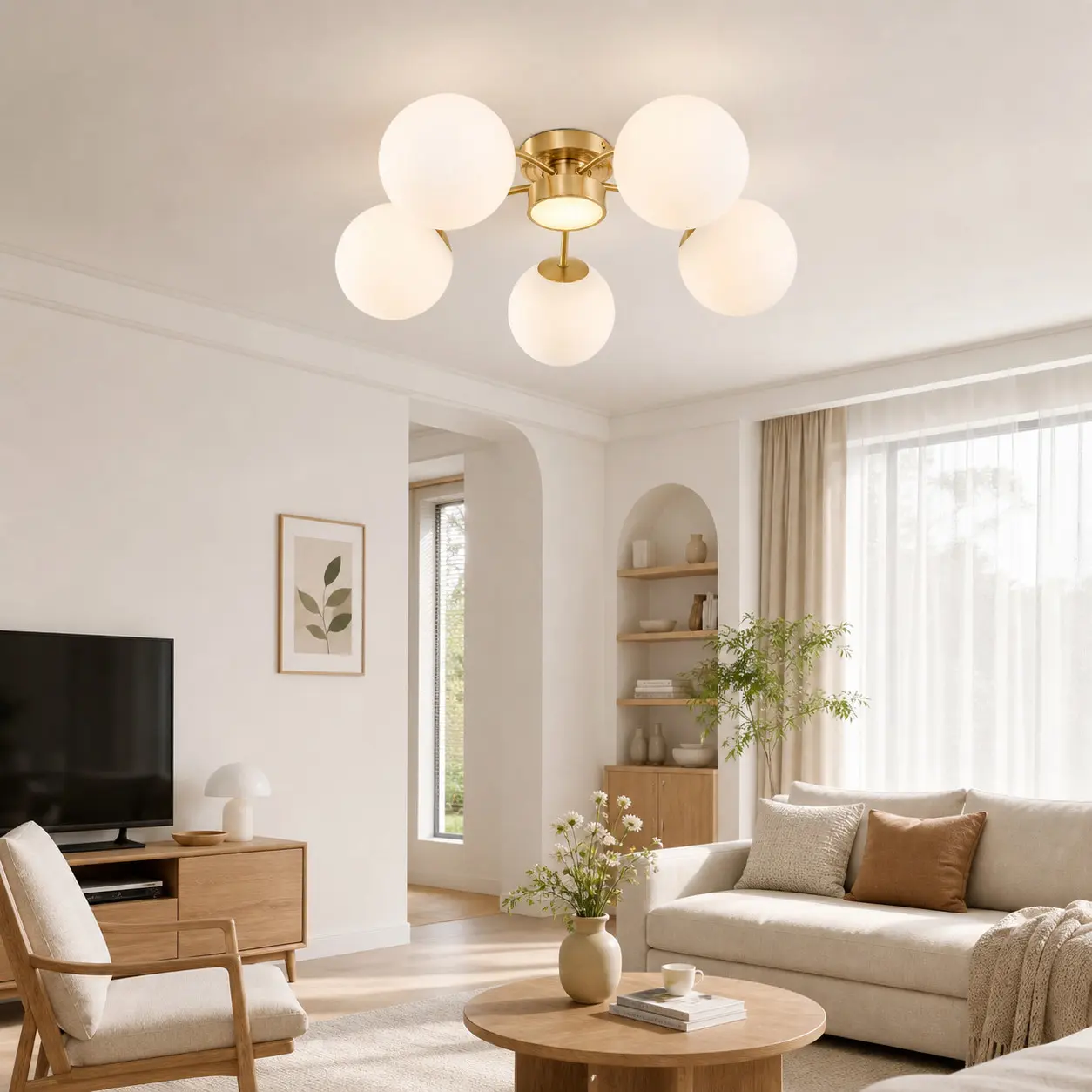 Plafonnier encastr&eacute; LED en laiton massif avec globe en verre et globe