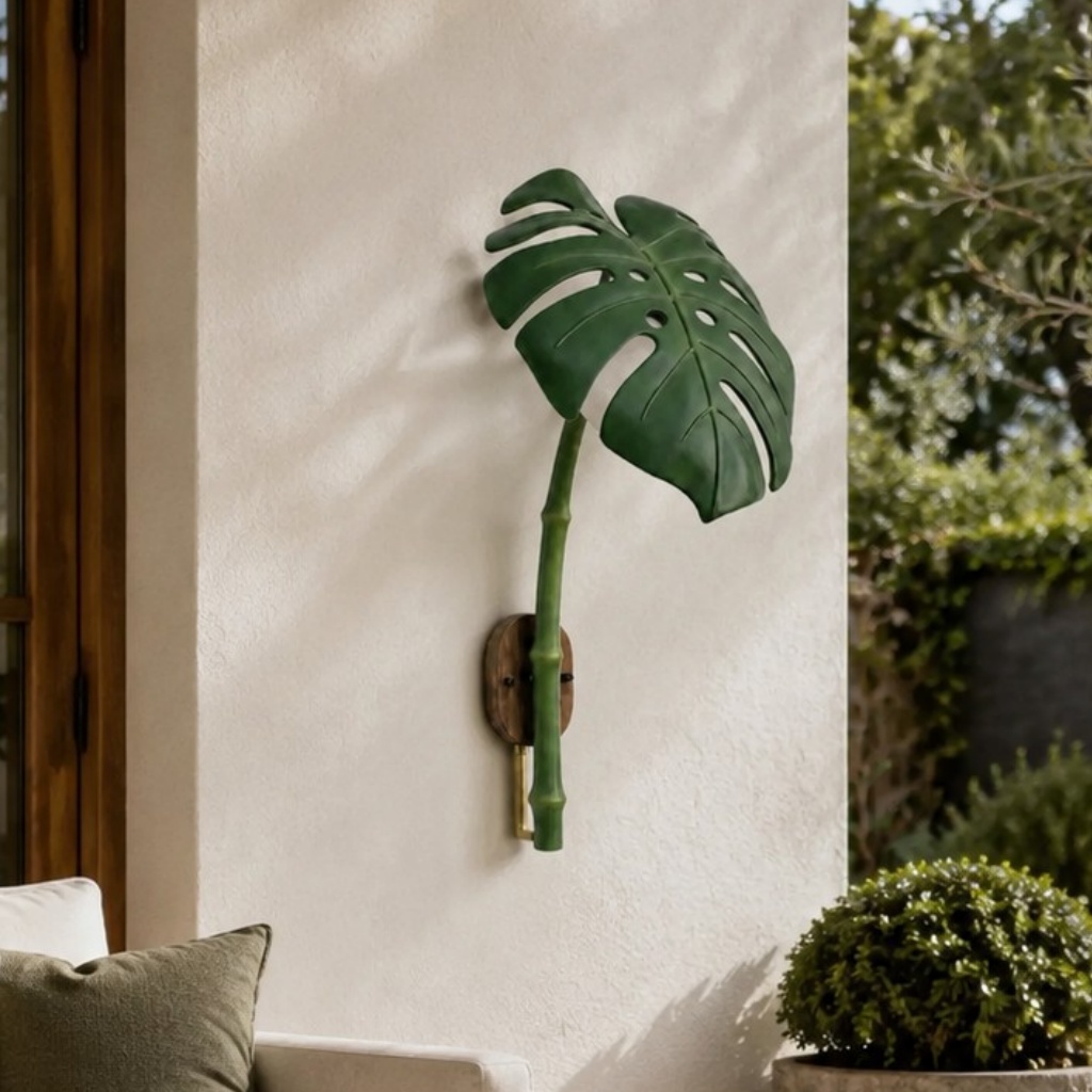 Applique da esterno a LED a forma di foglia di Monstera, in resina, con design botanico.