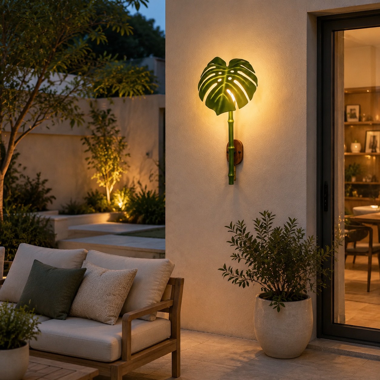 Applique da esterno a LED a forma di foglia di Monstera, in resina, con design botanico.