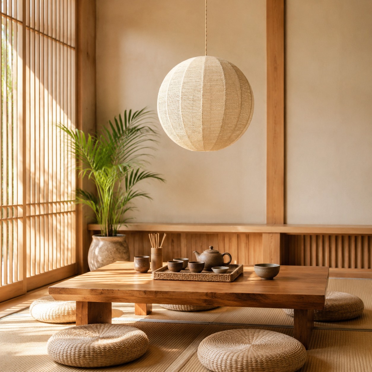 Suspension globe tiss&eacute;e &agrave; la main avec rosace en bois
