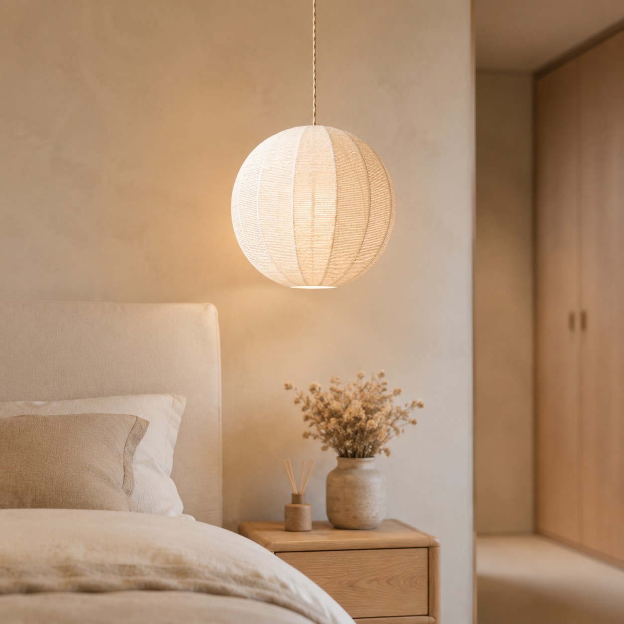 Suspension globe tiss&eacute;e &agrave; la main avec rosace en bois