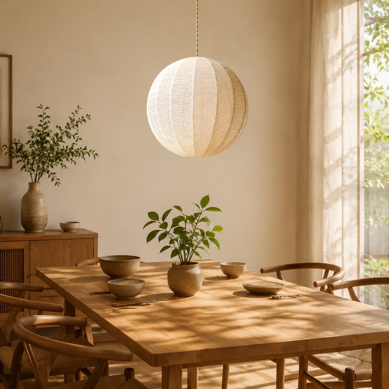 Suspension globe tiss&eacute;e &agrave; la main avec rosace en bois