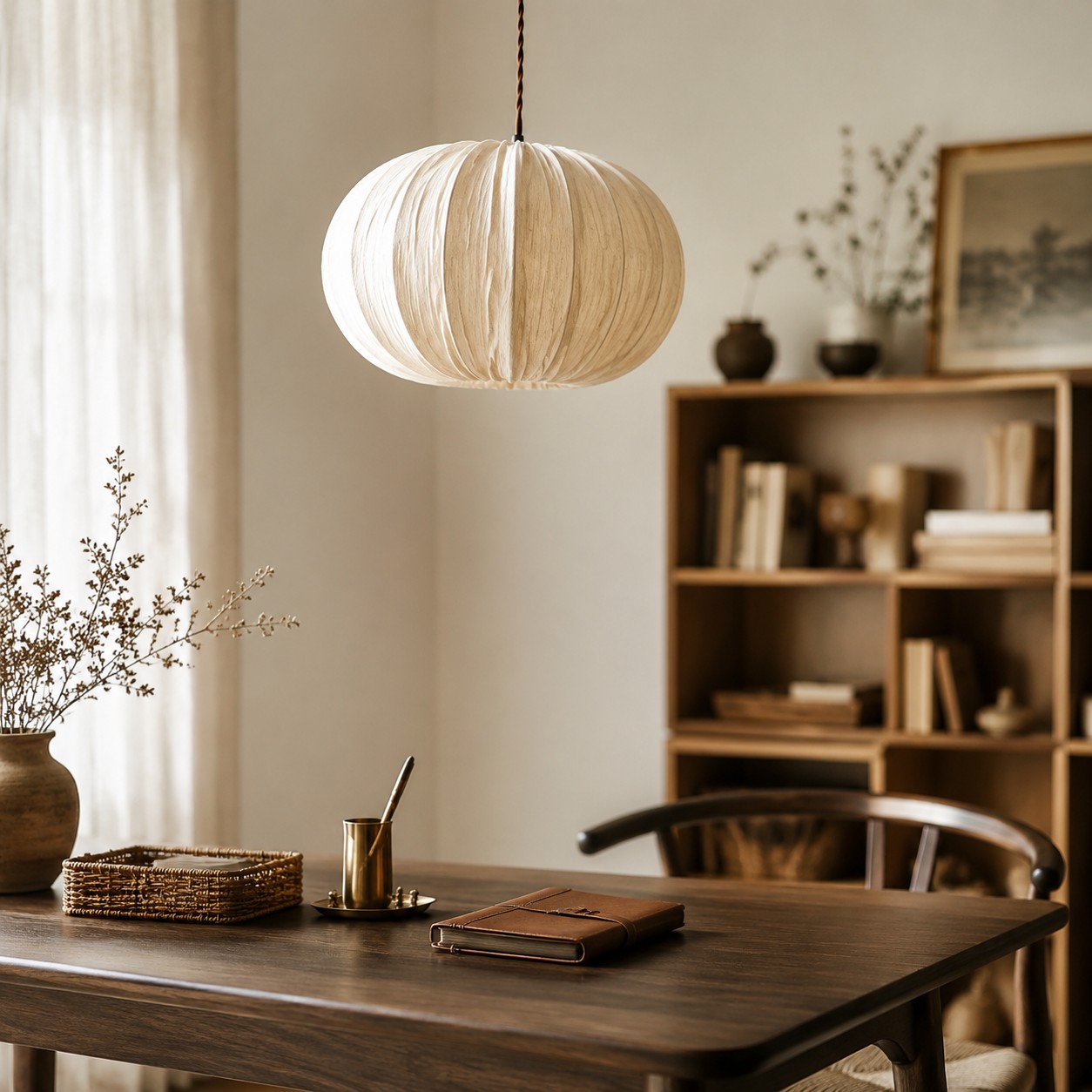 Suspension en tissu avec rosace en bois