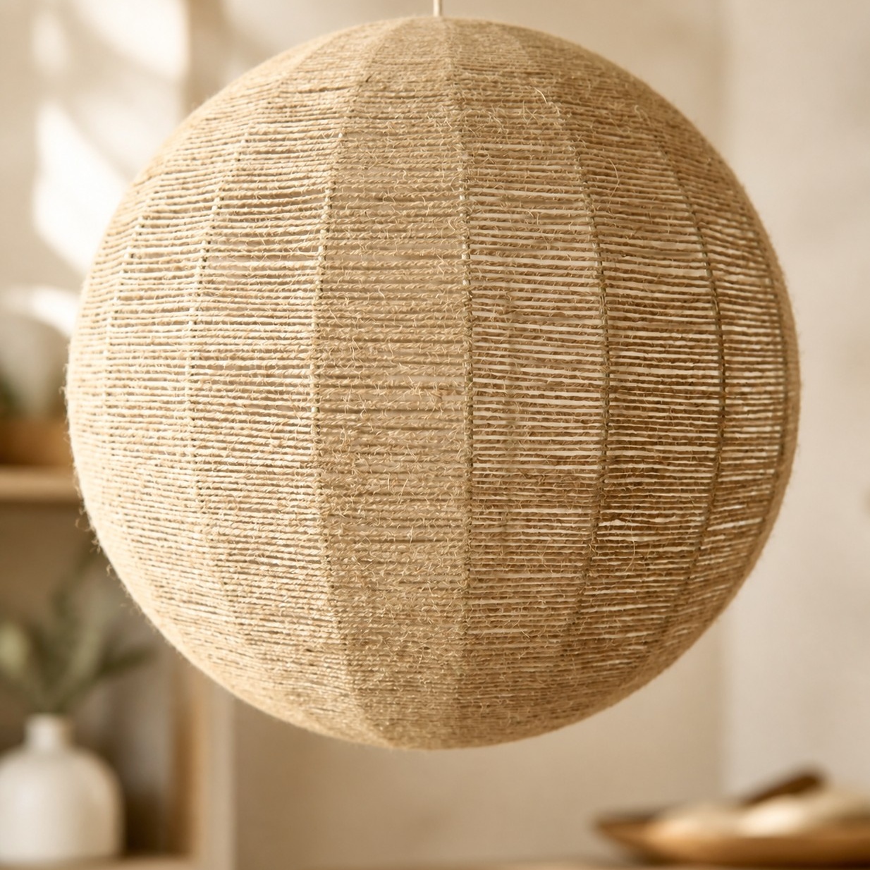 Suspension globe en fibre naturelle tiss&eacute;e &agrave; la main