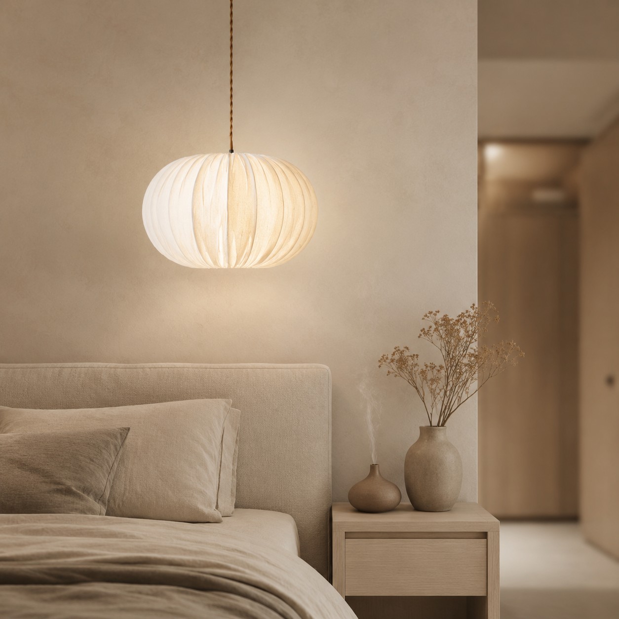 Suspension en tissu avec rosace en bois