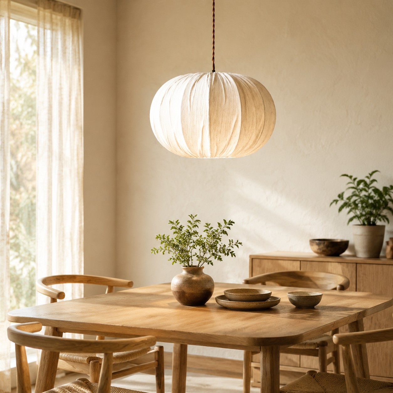 Suspension en tissu avec rosace en bois