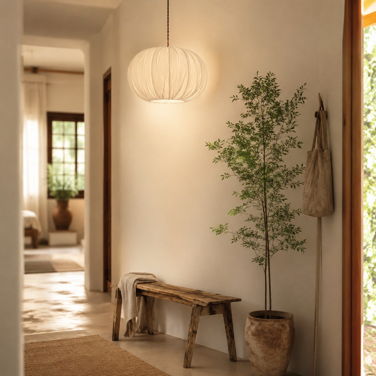 Suspension en tissu avec rosace en bois