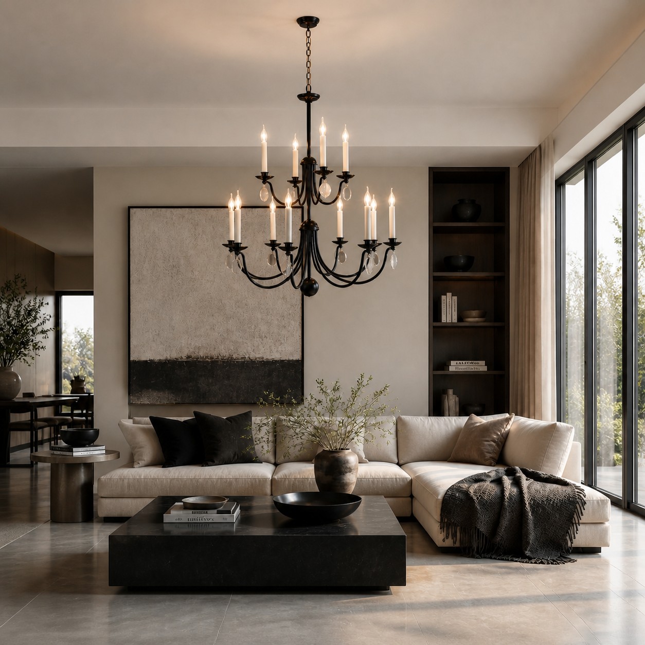 Multi-Layer Black Candle Staircase Chandelier
