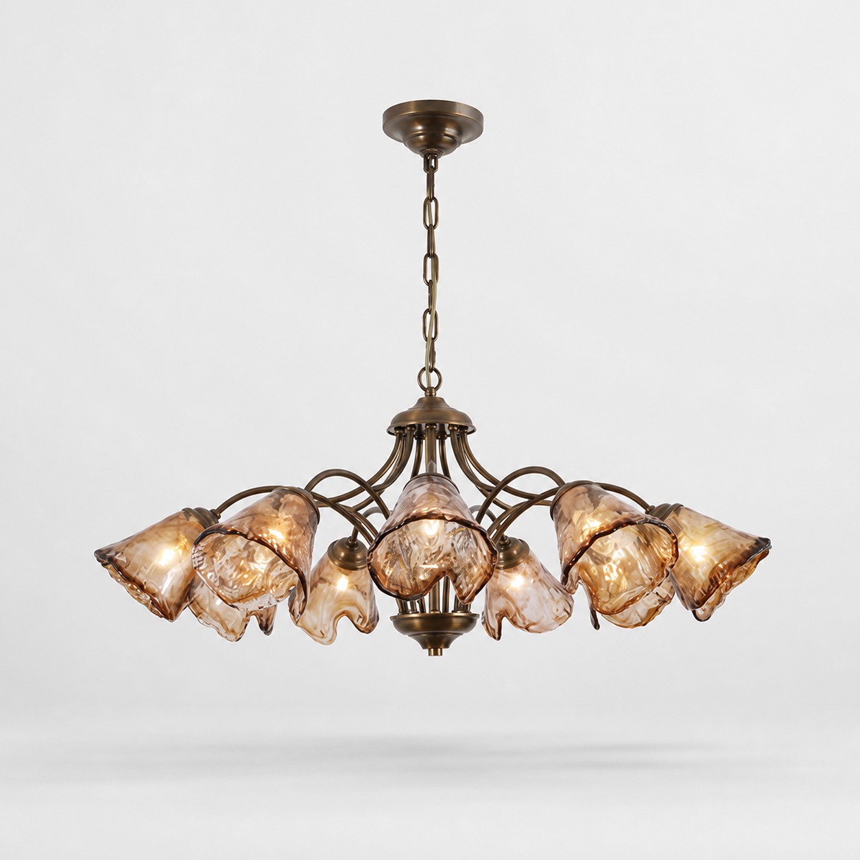 Downward Amber Tulip Glass Brass Chandelier