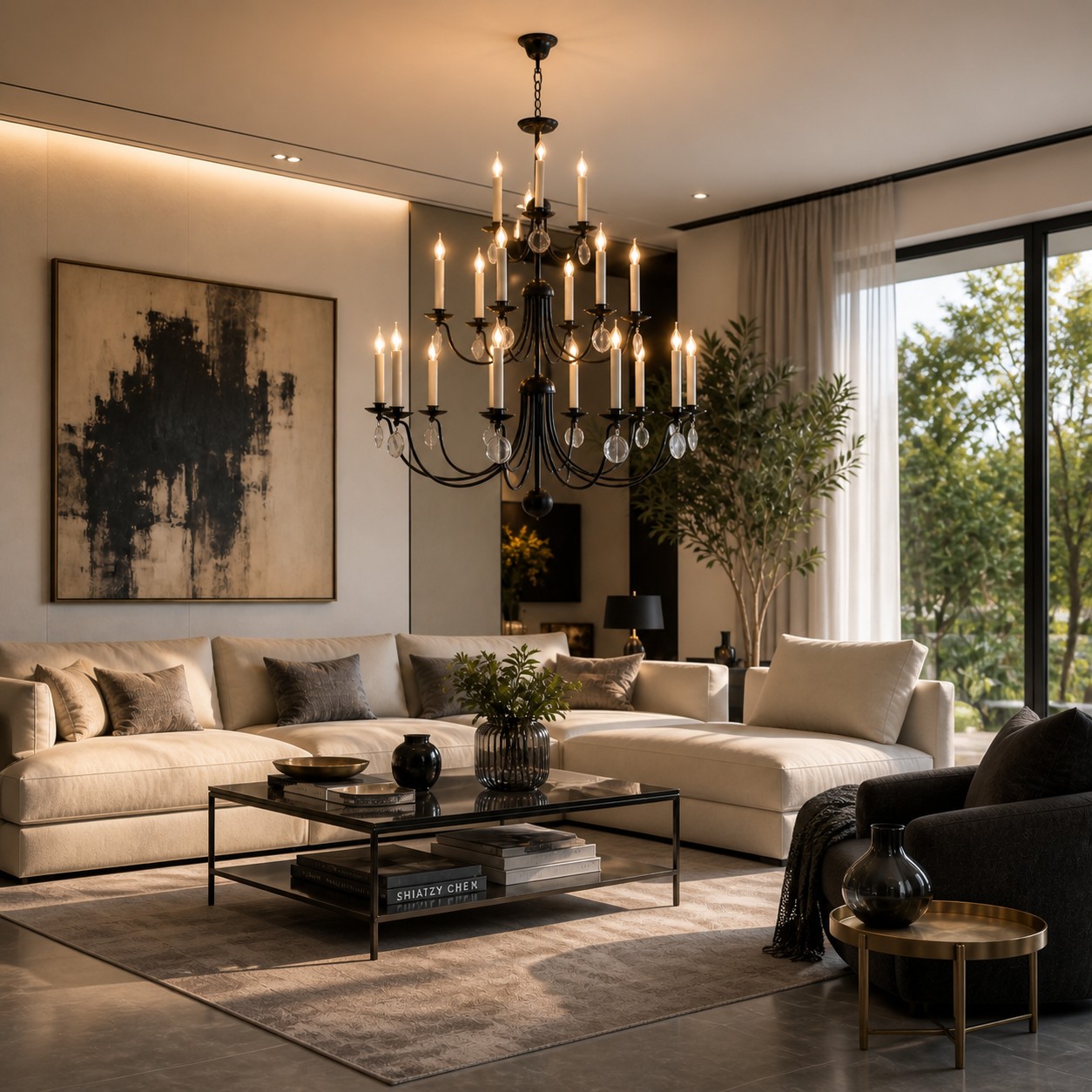 Multi-Layer Black Candle Staircase Chandelier