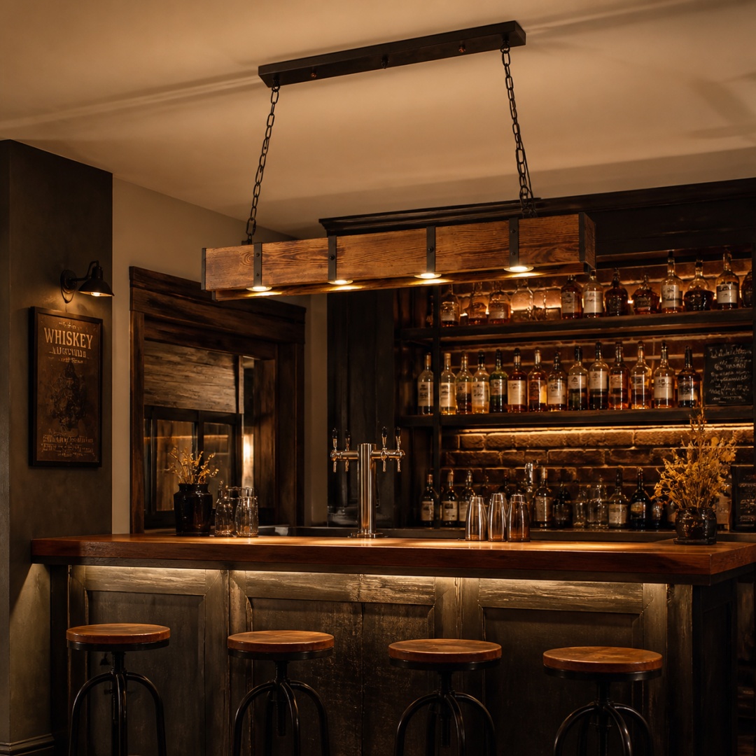 Rustikale Bar-Pendelleuchte aus Holz mit Strahlern