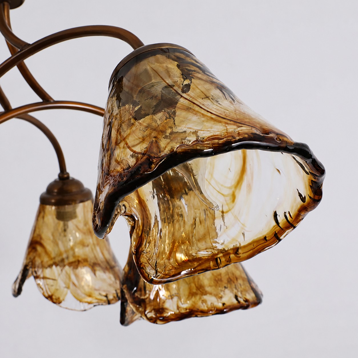 Downward Amber Tulip Glass Brass Chandelier