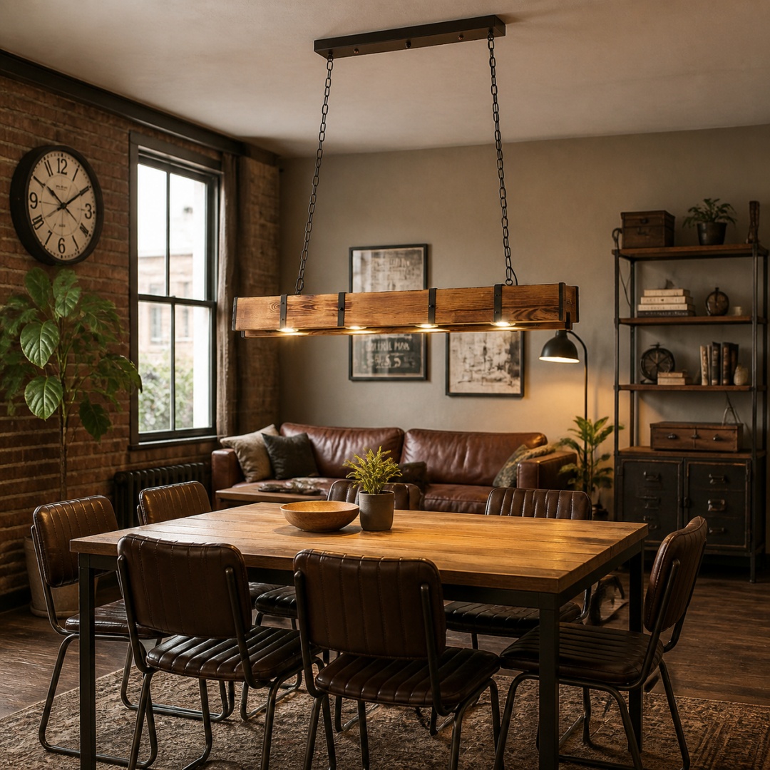 Rustikale Bar-Pendelleuchte aus Holz mit Strahlern