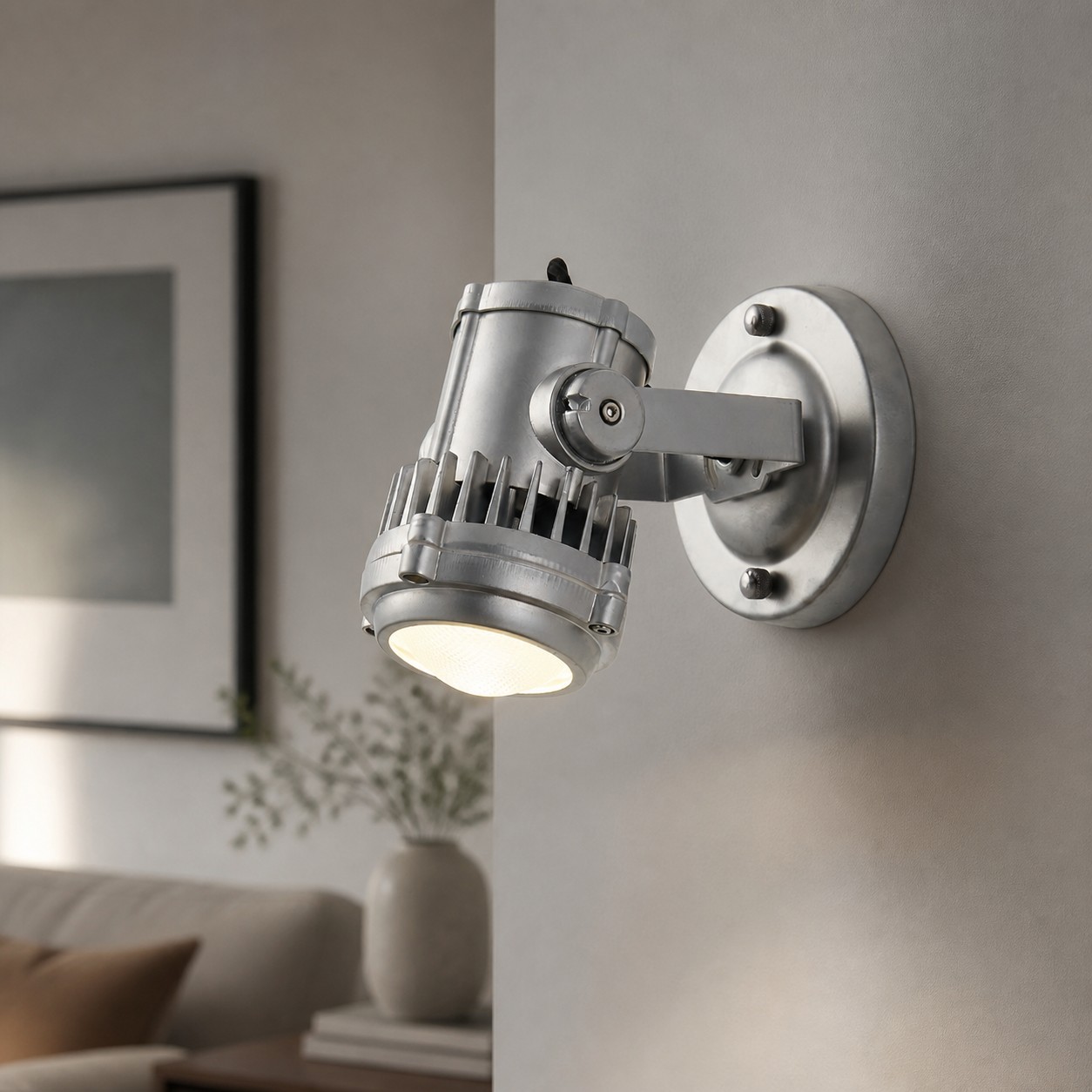 Brushed Silver Industrial Spotlight Wall Sconce