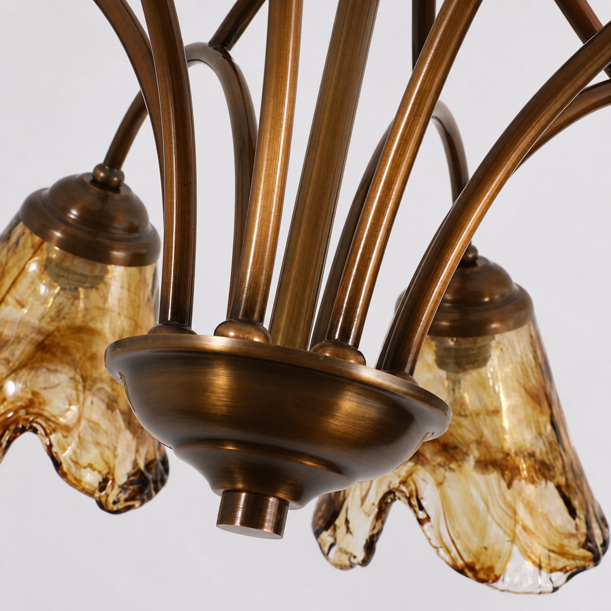 Downward Amber Tulip Glass Brass Chandelier