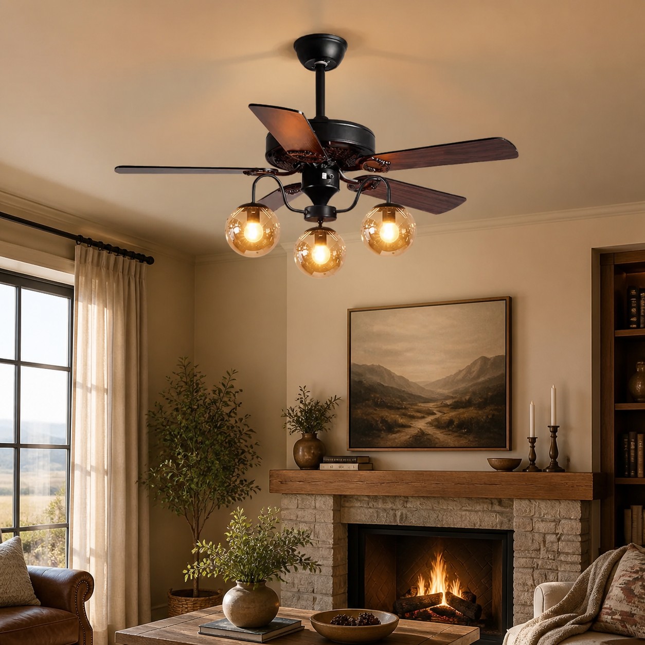 Ventilatore da soffitto rustico in legno con luce