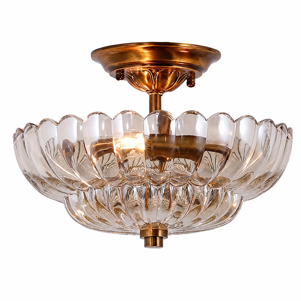 Floral Brass and Amber Glass Semi-Flush Ceiling Light