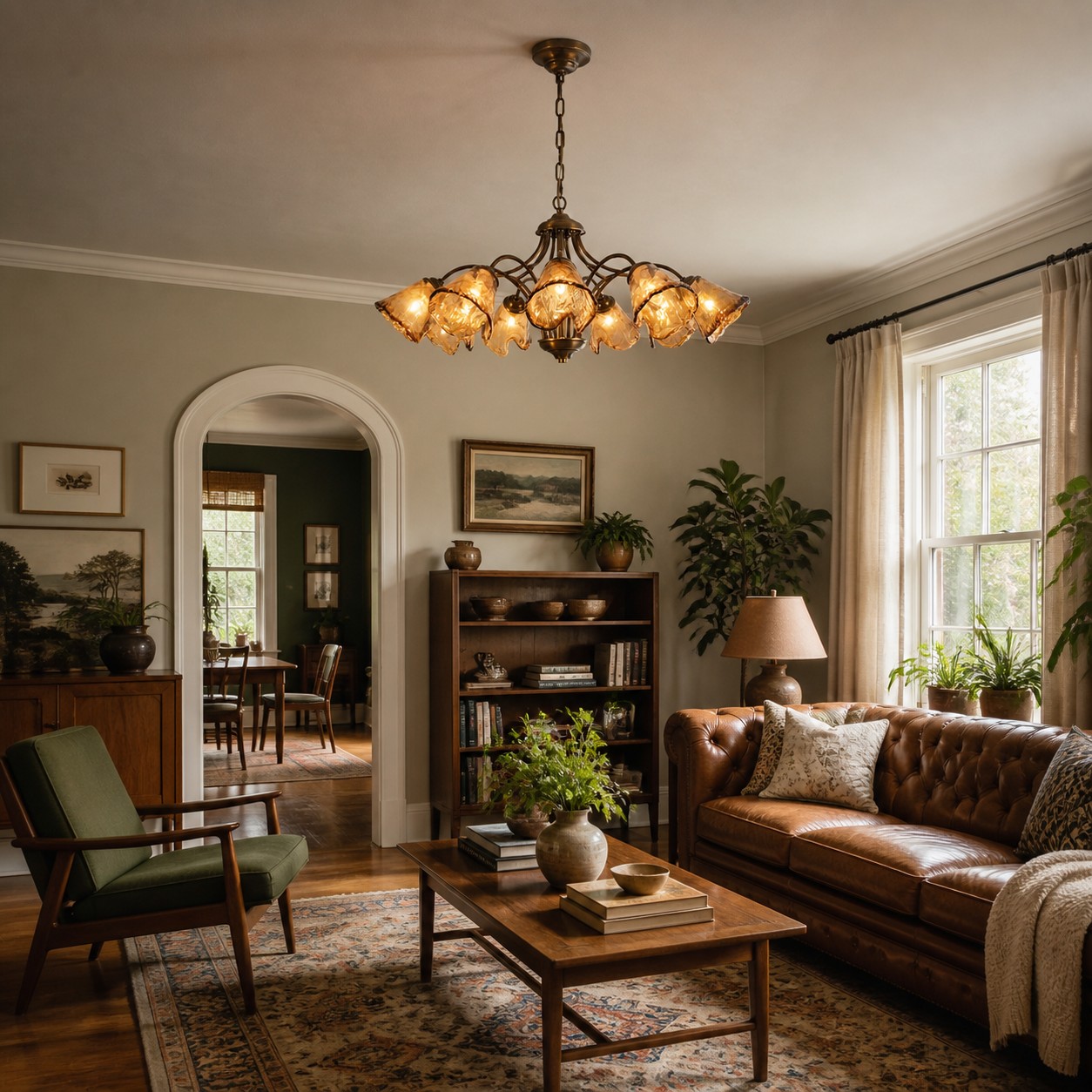 Downward Amber Tulip Glass Brass Chandelier