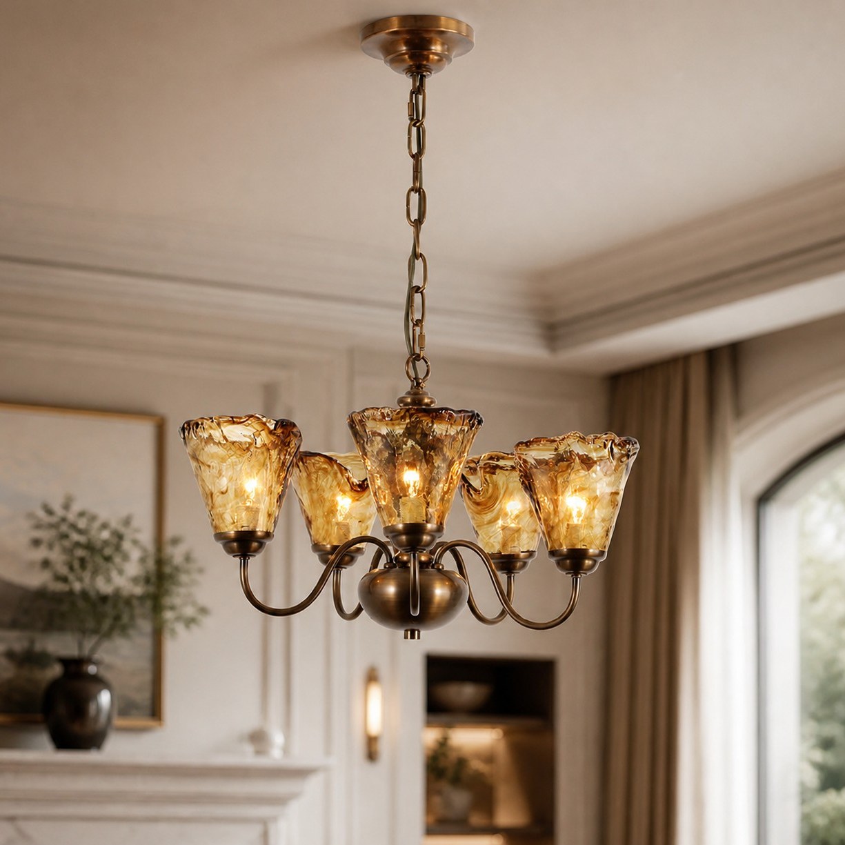 Amber Ruffle Glass Brass Chandelier