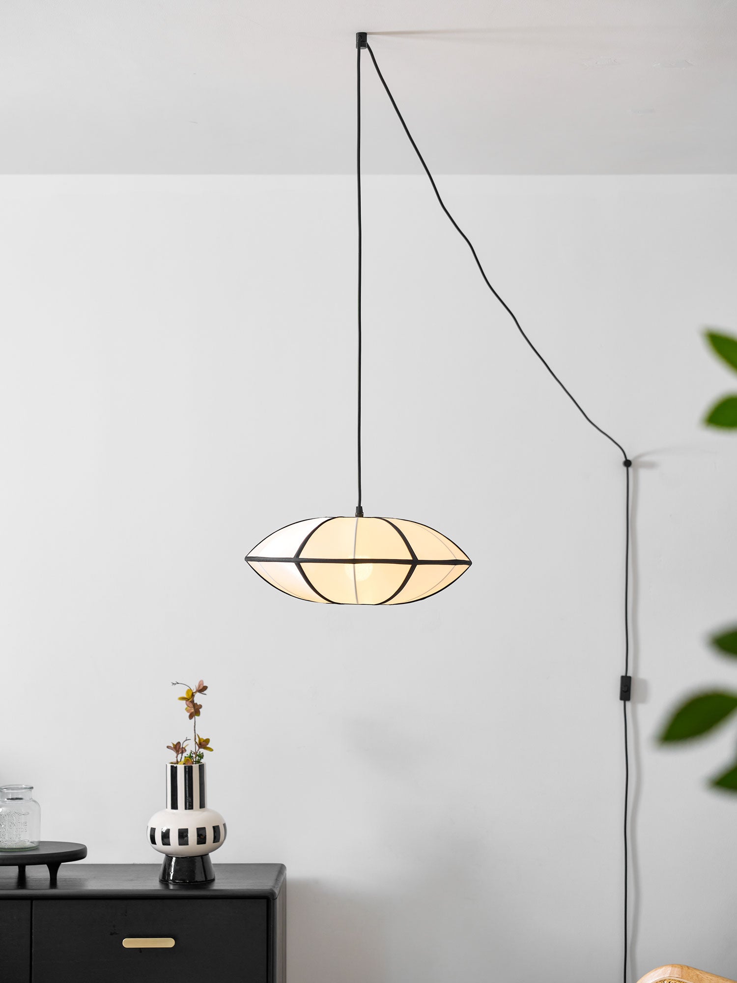 Black Metal White Fabric Plug-In Swag Pendant