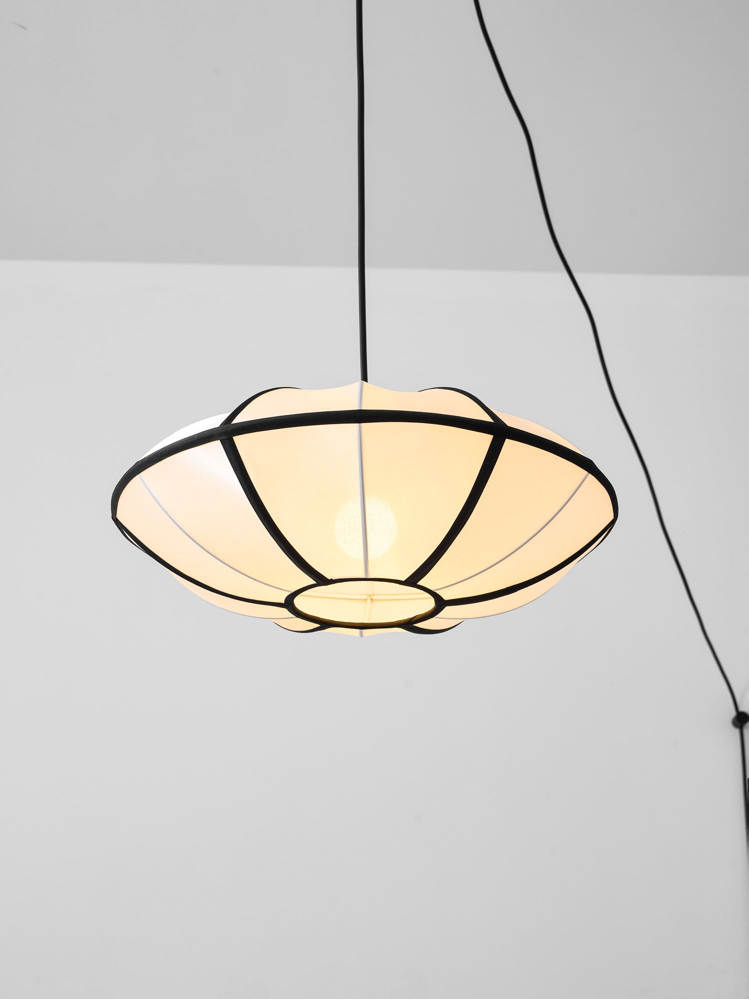 Black Metal White Fabric Plug-In Swag Pendant