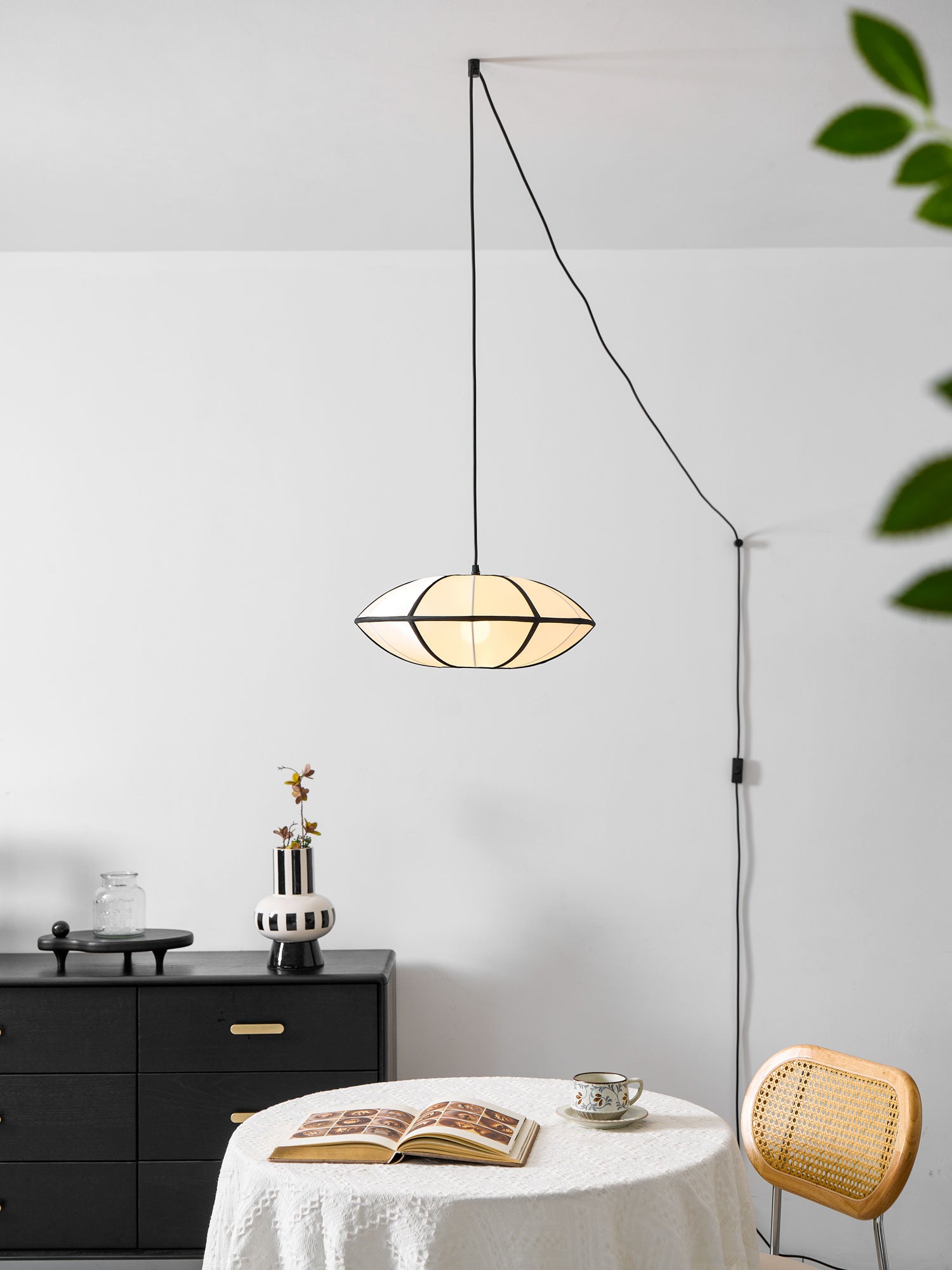 Black Metal White Fabric Plug-In Swag Pendant