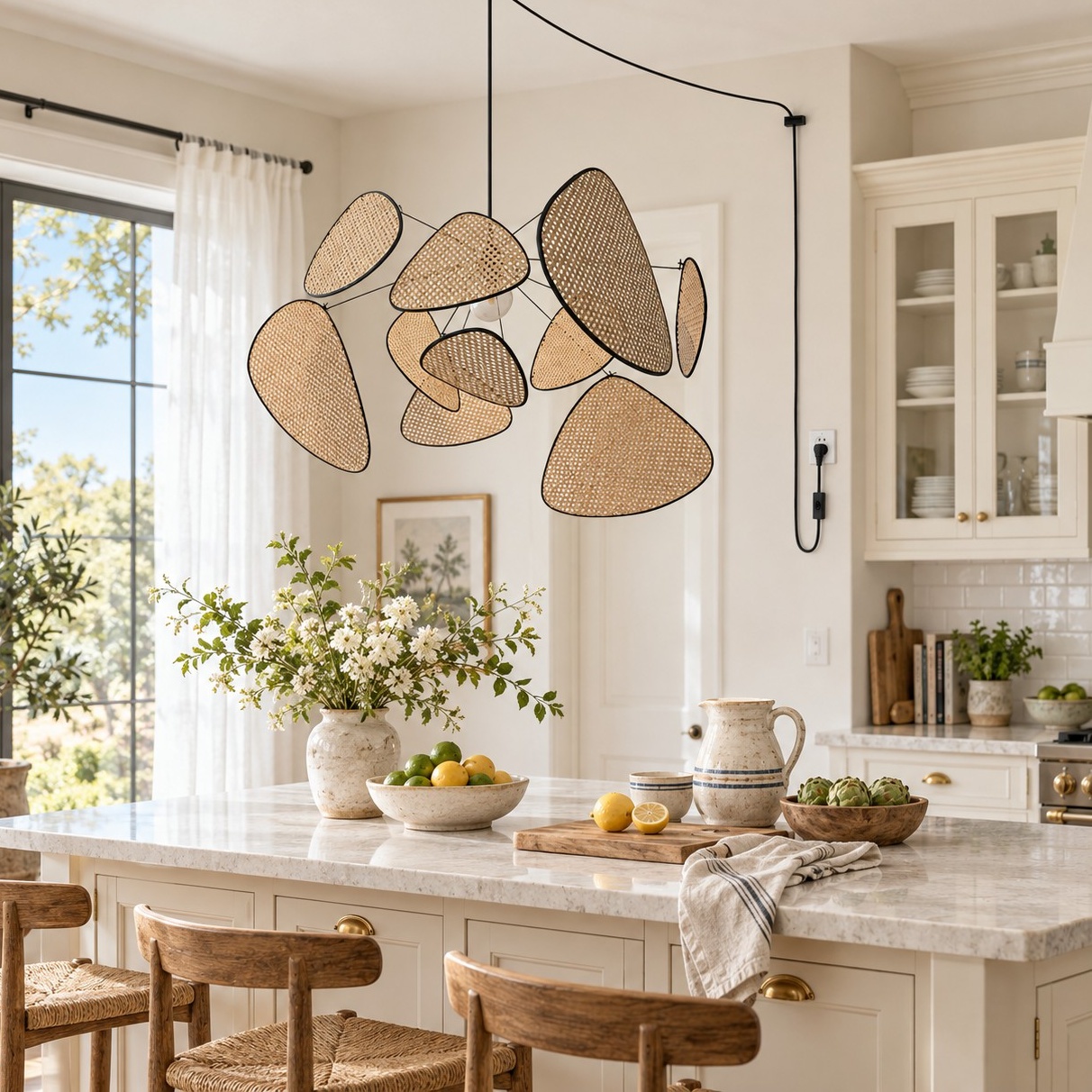 Layered Rattan Chandelier With Plug-In Cord