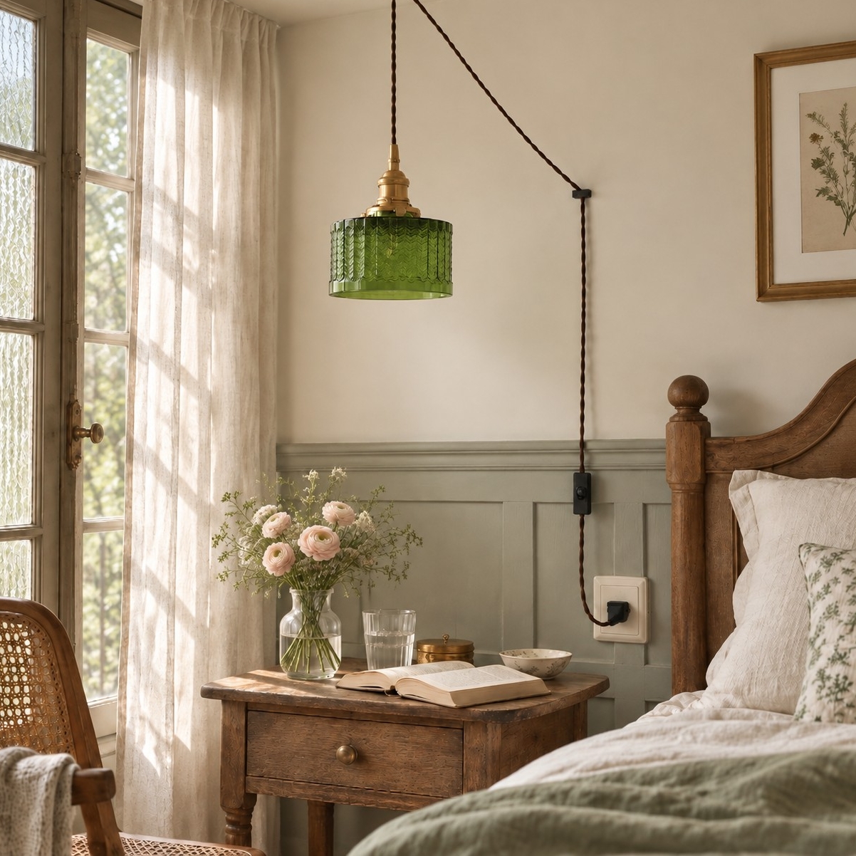 Pendente Swag plug-in in vetro verde Chevron
