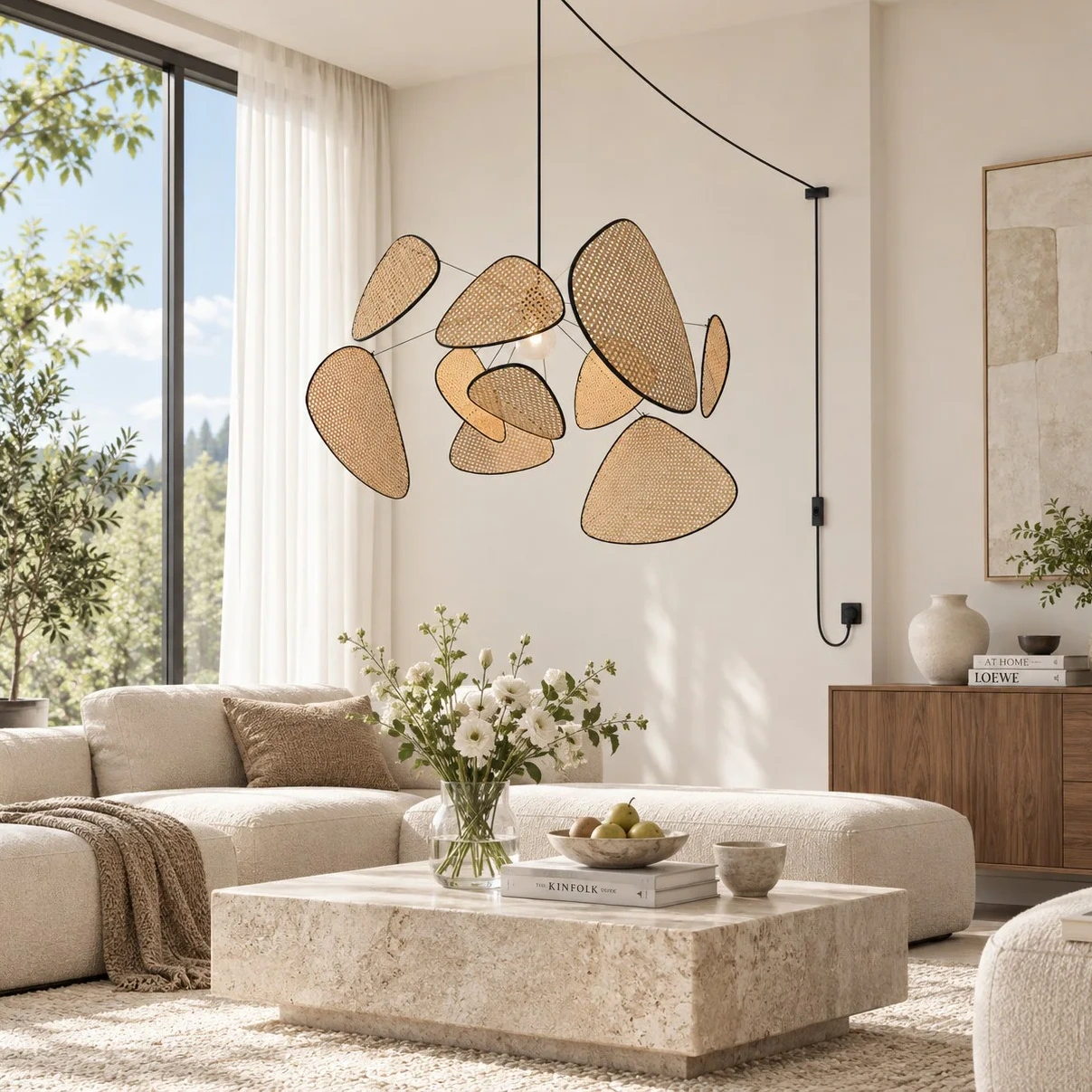 Layered Rattan Chandelier With Plug-In Cord