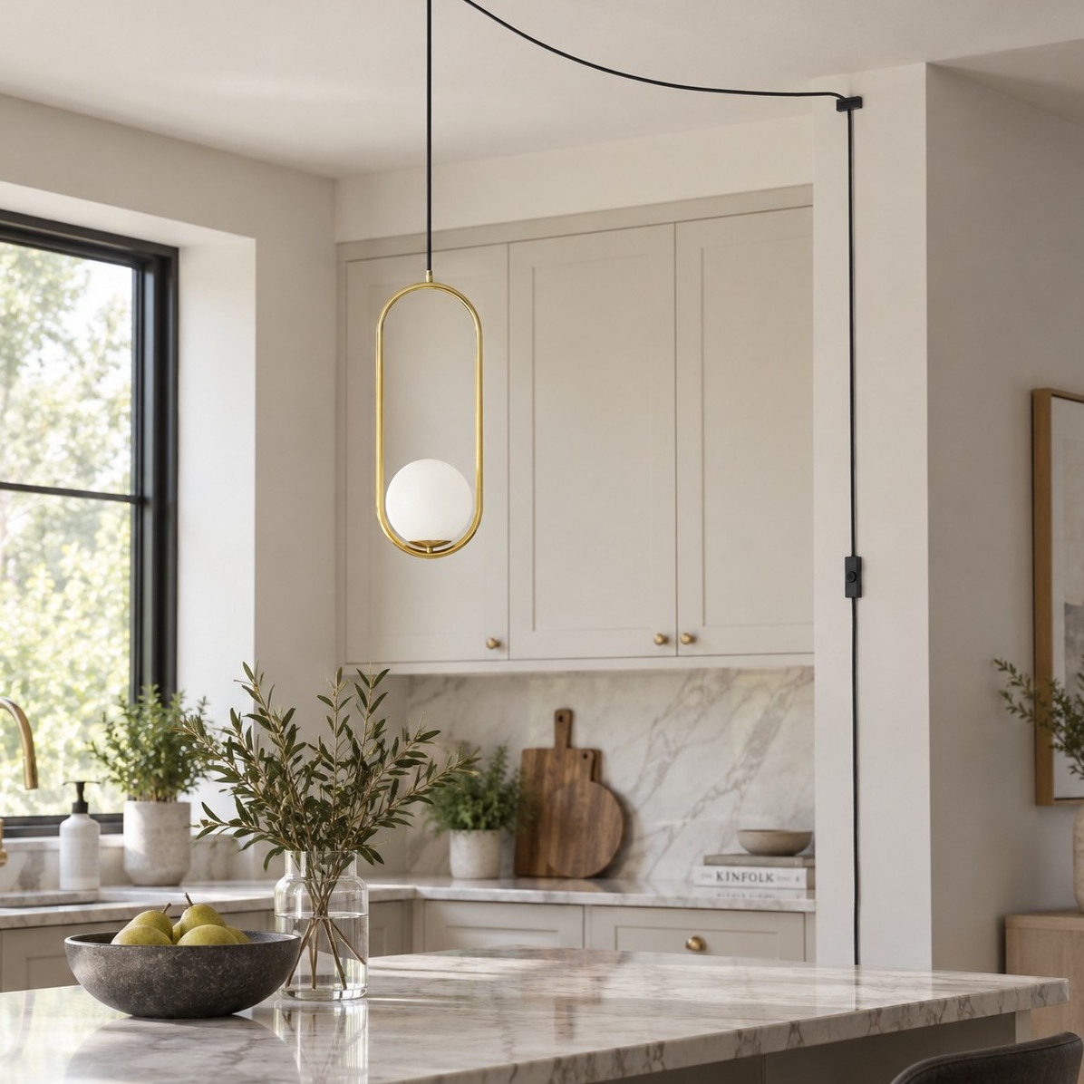 Pearl Glass Sphere Brass Plug-In Pendant