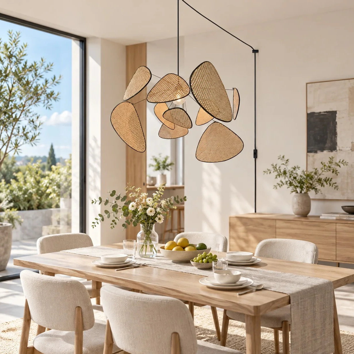 Layered Rattan Chandelier With Plug-In Cord