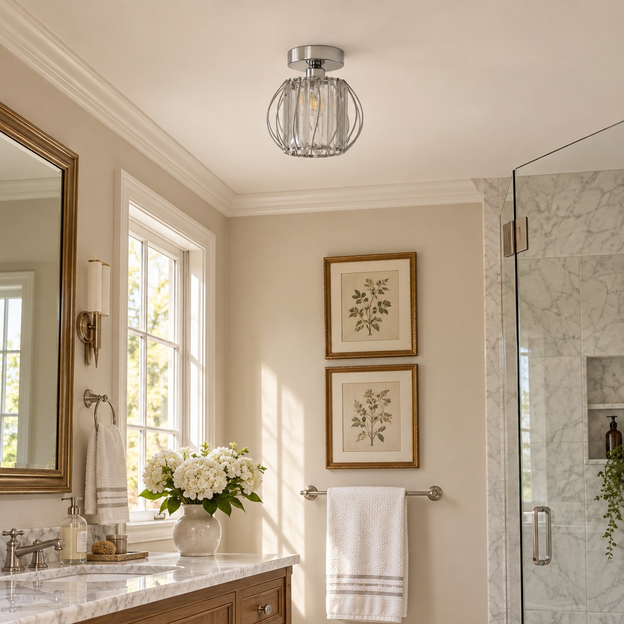 Geometric Cage Semi-Flush Mount Crystal Ceiling Light for Hallway and Entryway