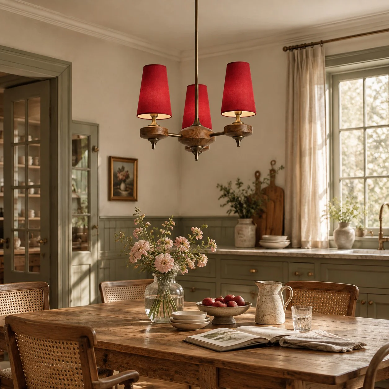 3-light Hour Rho chandelier in red velvet styled in a warm interior