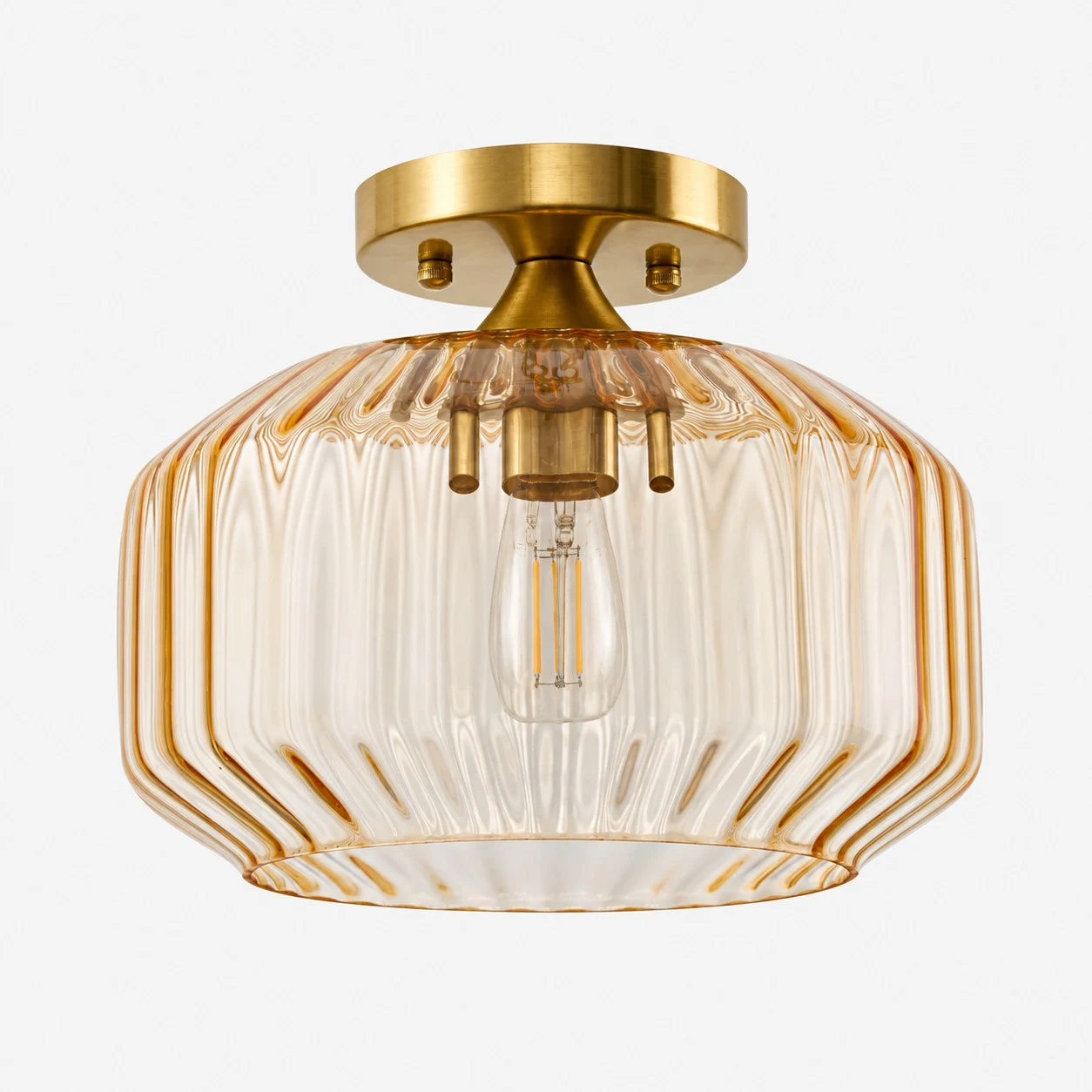 Amber large ribbed glass semi-flush ceiling light with brushed brass canopy