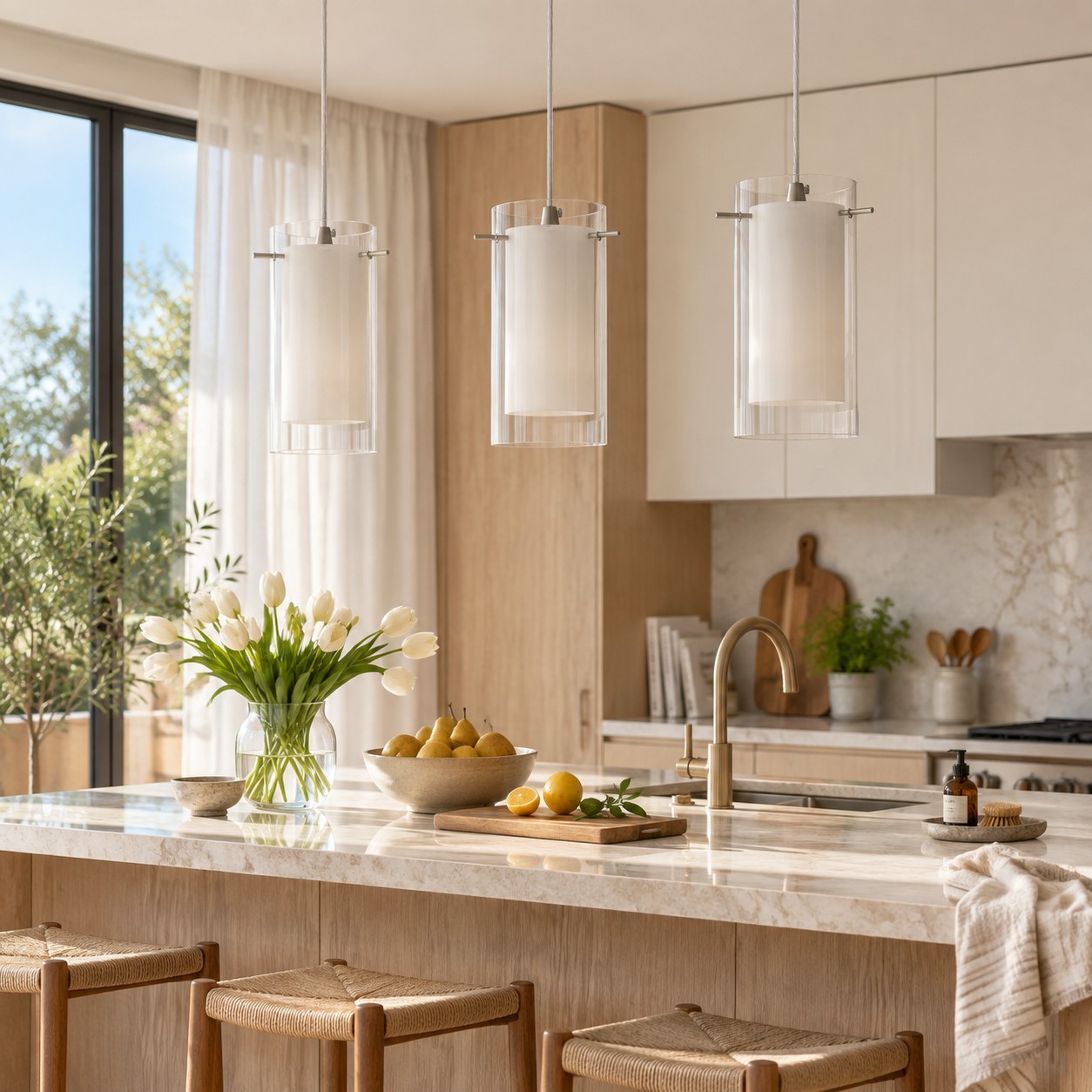 L&aacute;mpara colgante moderna de doble cristal con acabado cromado