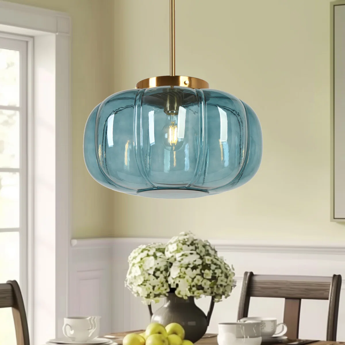 Geribbelde glazen koepelhanglamp met &eacute;&eacute;n licht