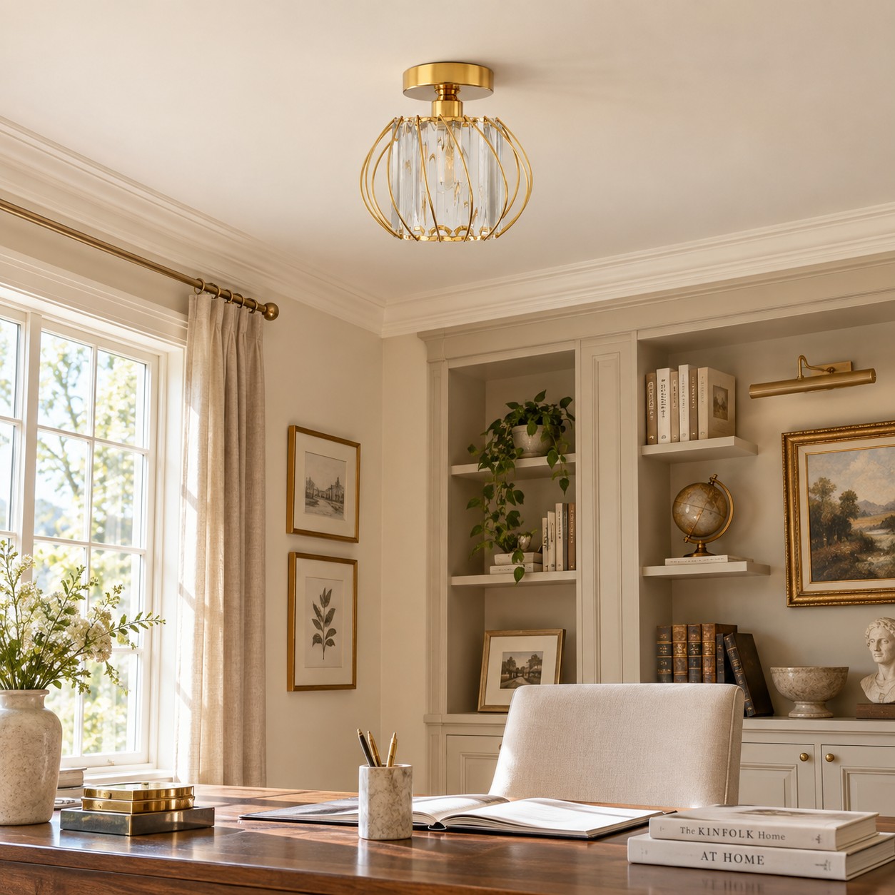 Geometric Cage Semi-Flush Mount Crystal Ceiling Light for Hallway and Entryway