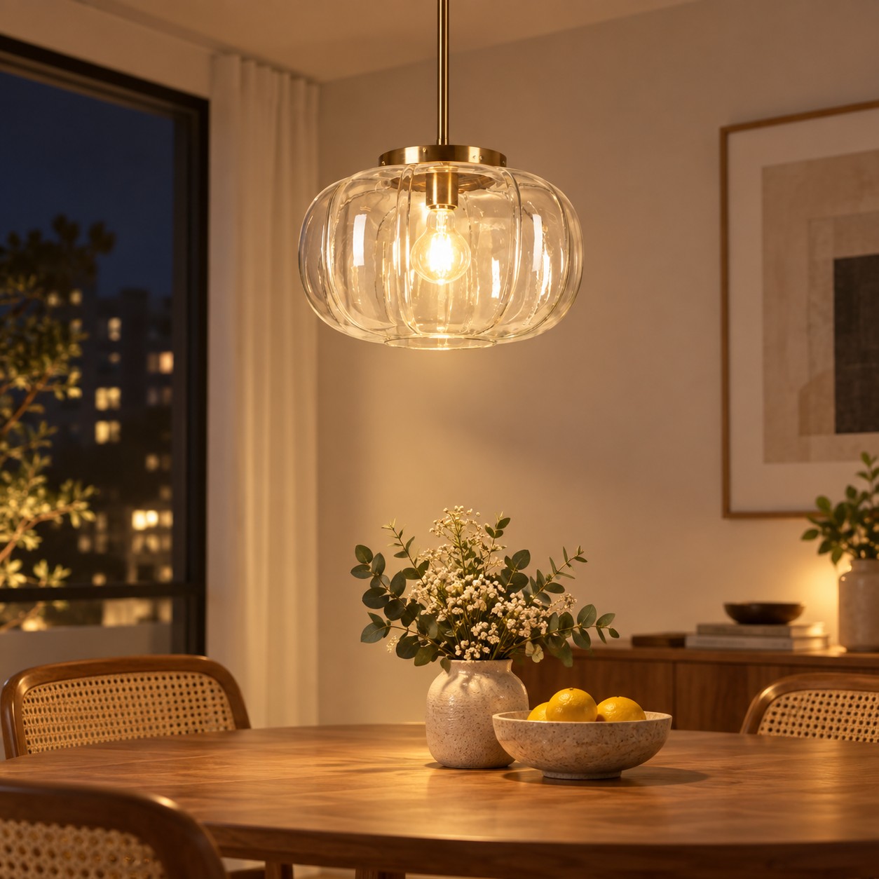 Geribbelde glazen koepelhanglamp met &eacute;&eacute;n licht