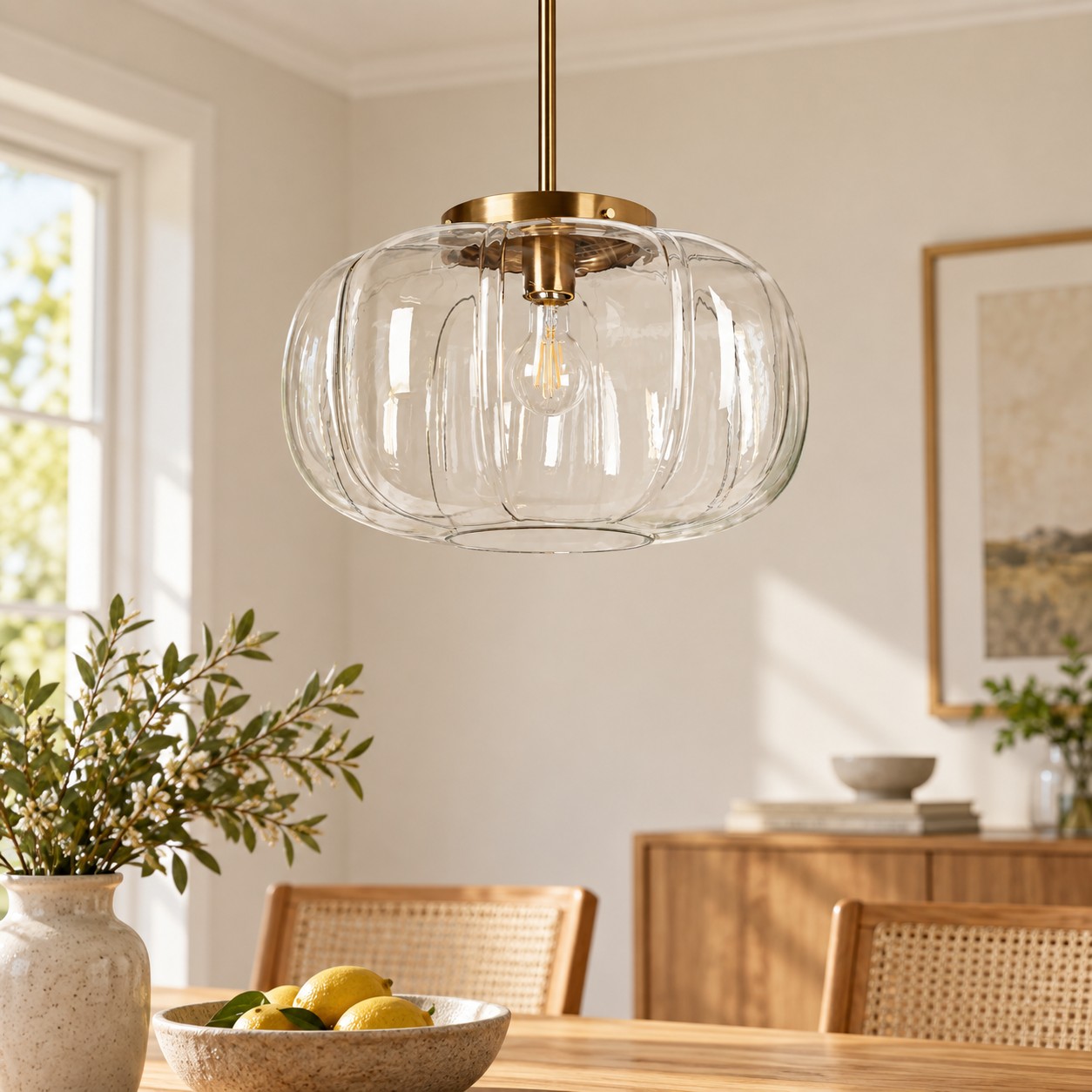 Geribbelde glazen koepelhanglamp met &eacute;&eacute;n licht