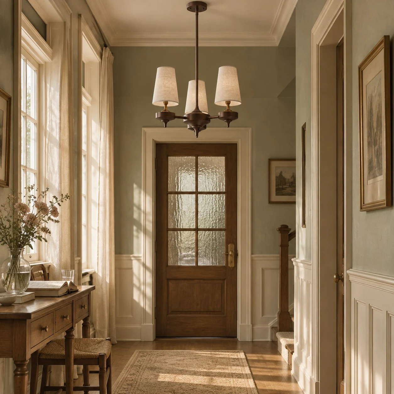 3-light Hour Rho chandelier in white velvet styled in a warm interior
