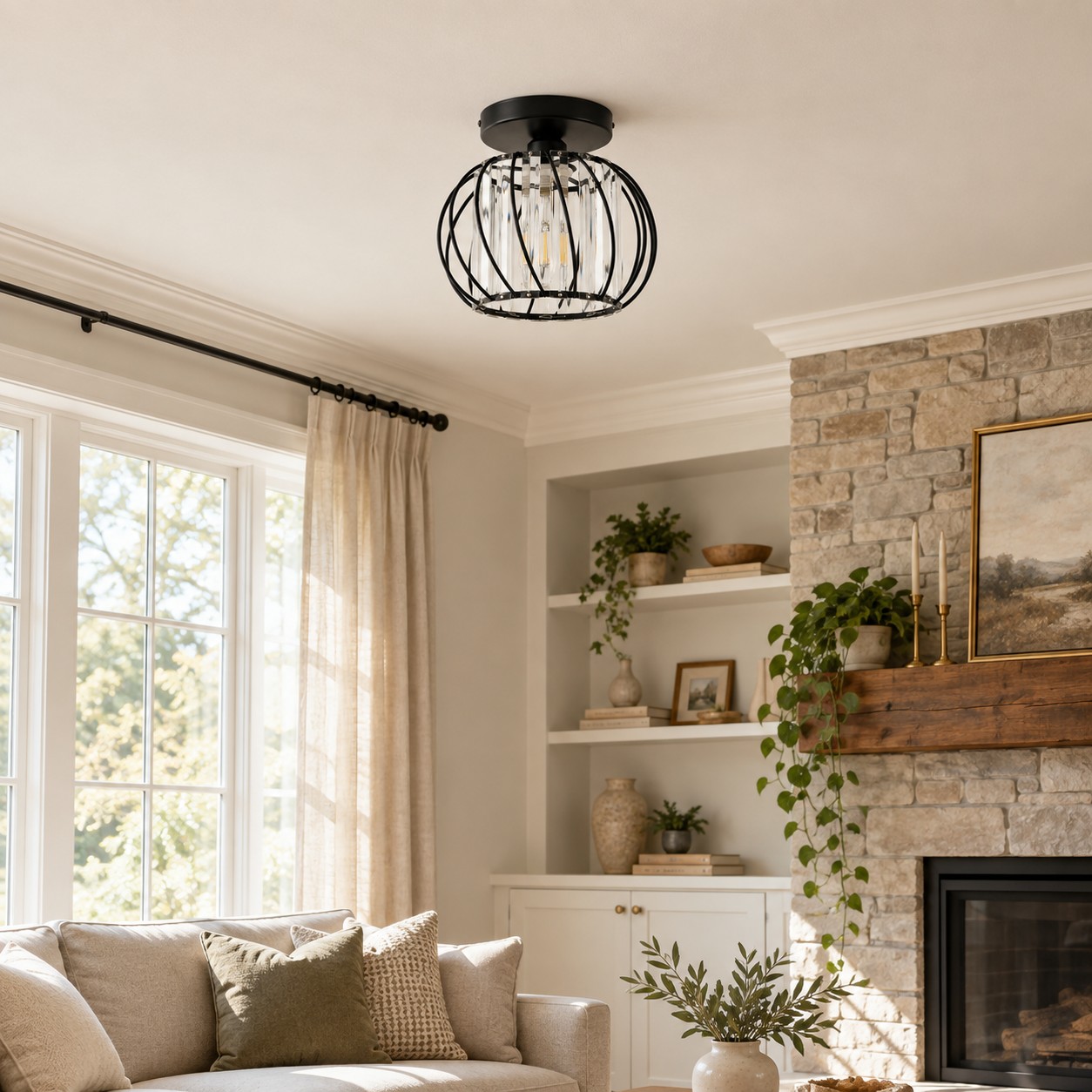 Geometric Cage Semi-Flush Mount Crystal Ceiling Light for Hallway and Entryway