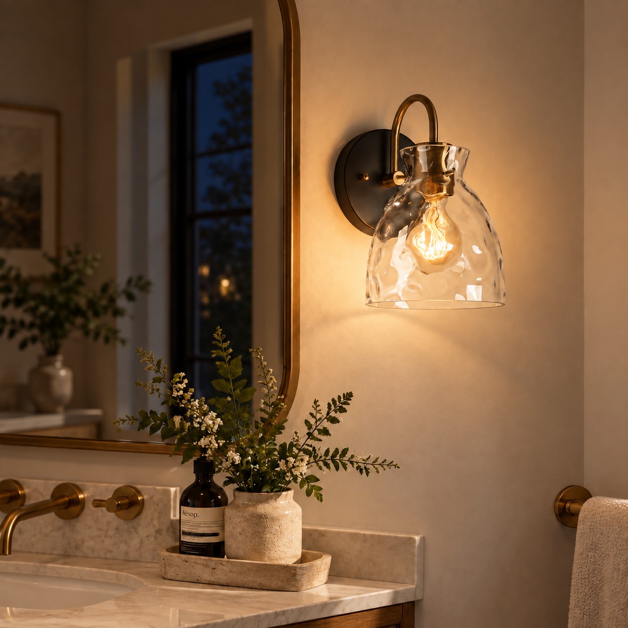 Textured Glass Armed Wall Sconce for Bathroom Lighting
