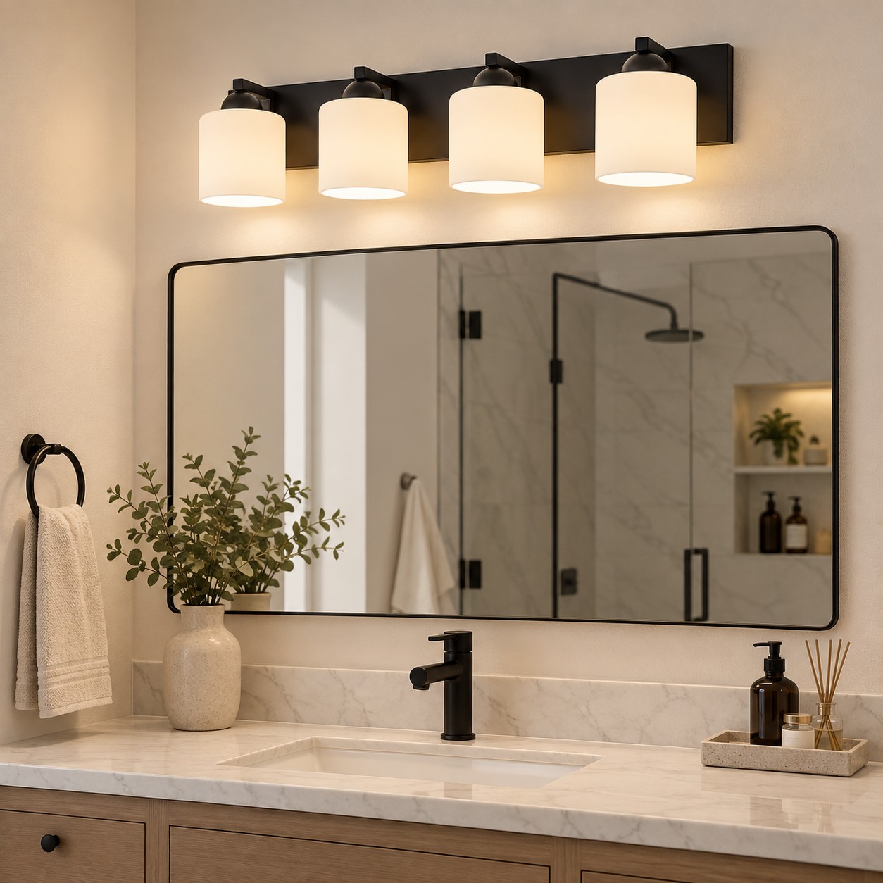 Moderne Badezimmerleuchte aus Metall mit Glasschirmen