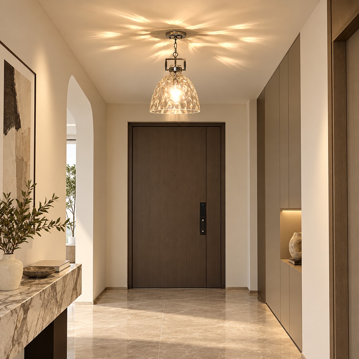 Moderne Pendelleuchte aus geh&auml;mmertem Glas mit minimalistischem Metalldesign &ndash; ideal f&uuml;r K&uuml;cheninseln
