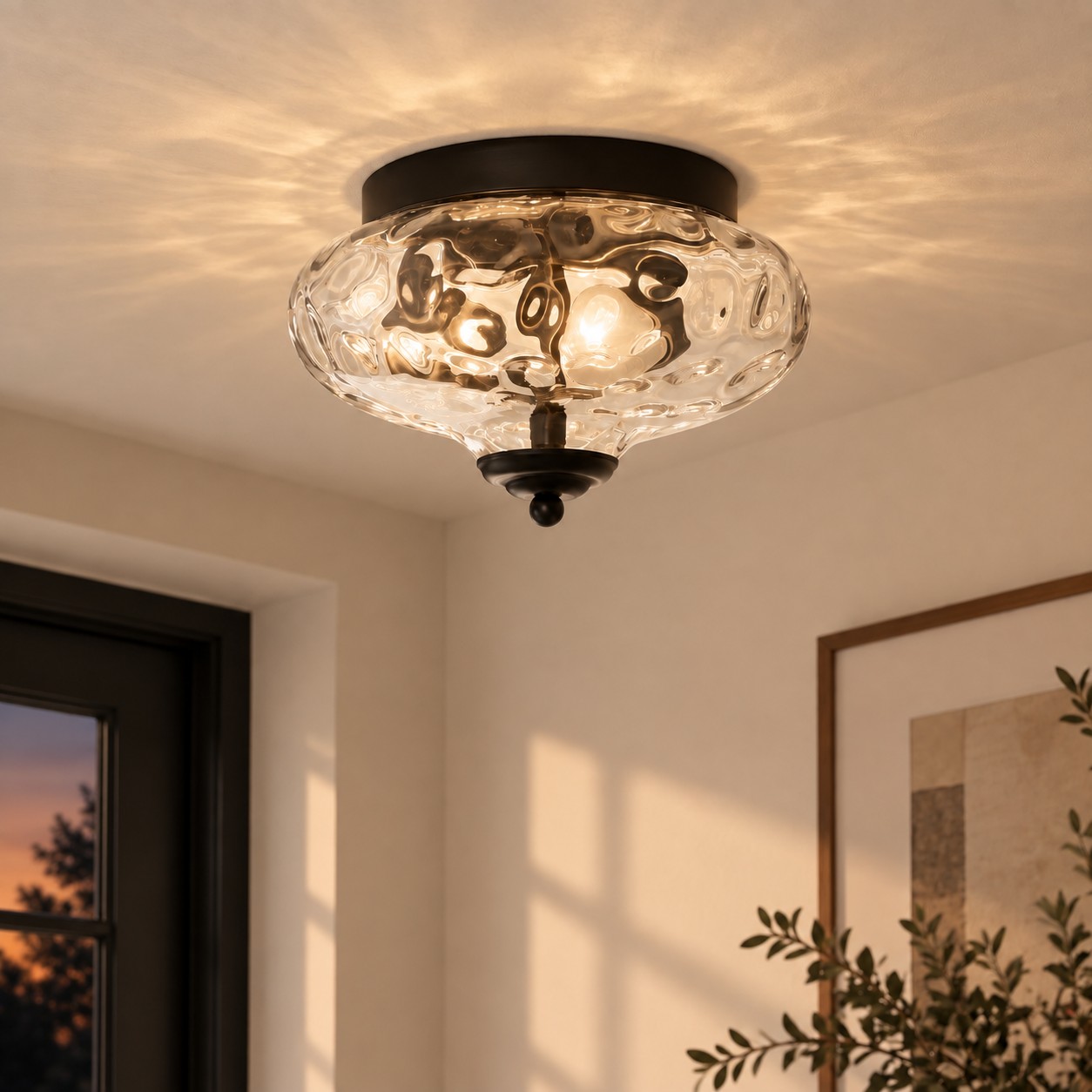 Modern Farmhouse 2-Light Hammered Water Glass Flush Mount Ceiling Light
