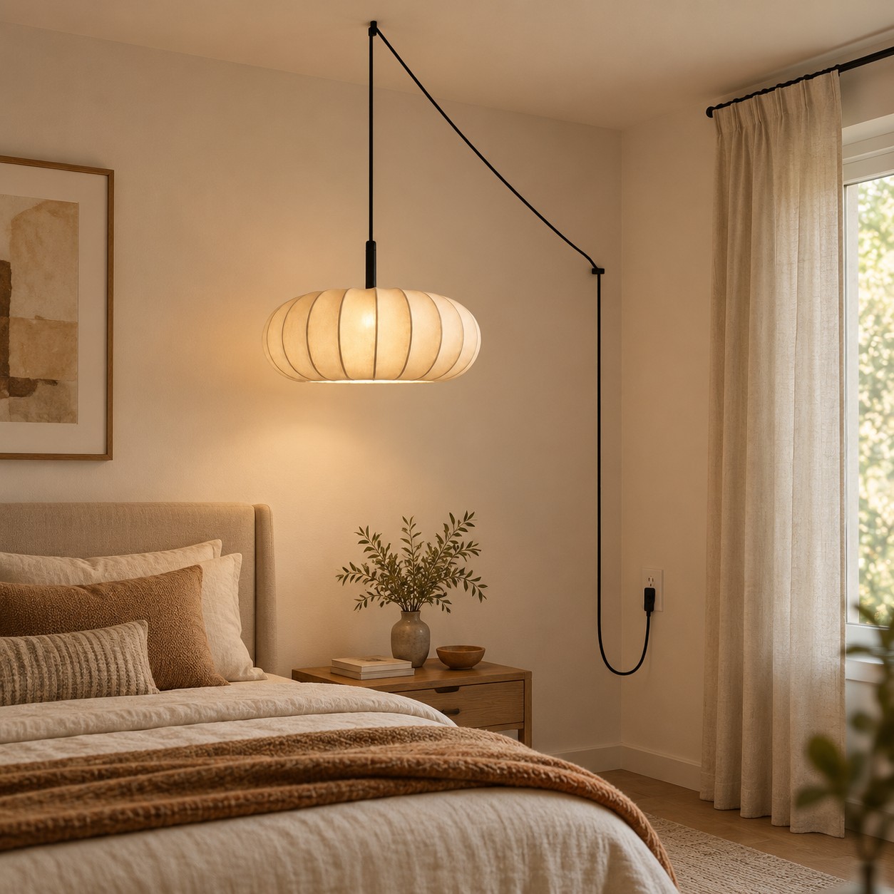 Lampada a sospensione con spina in tessuto bianco