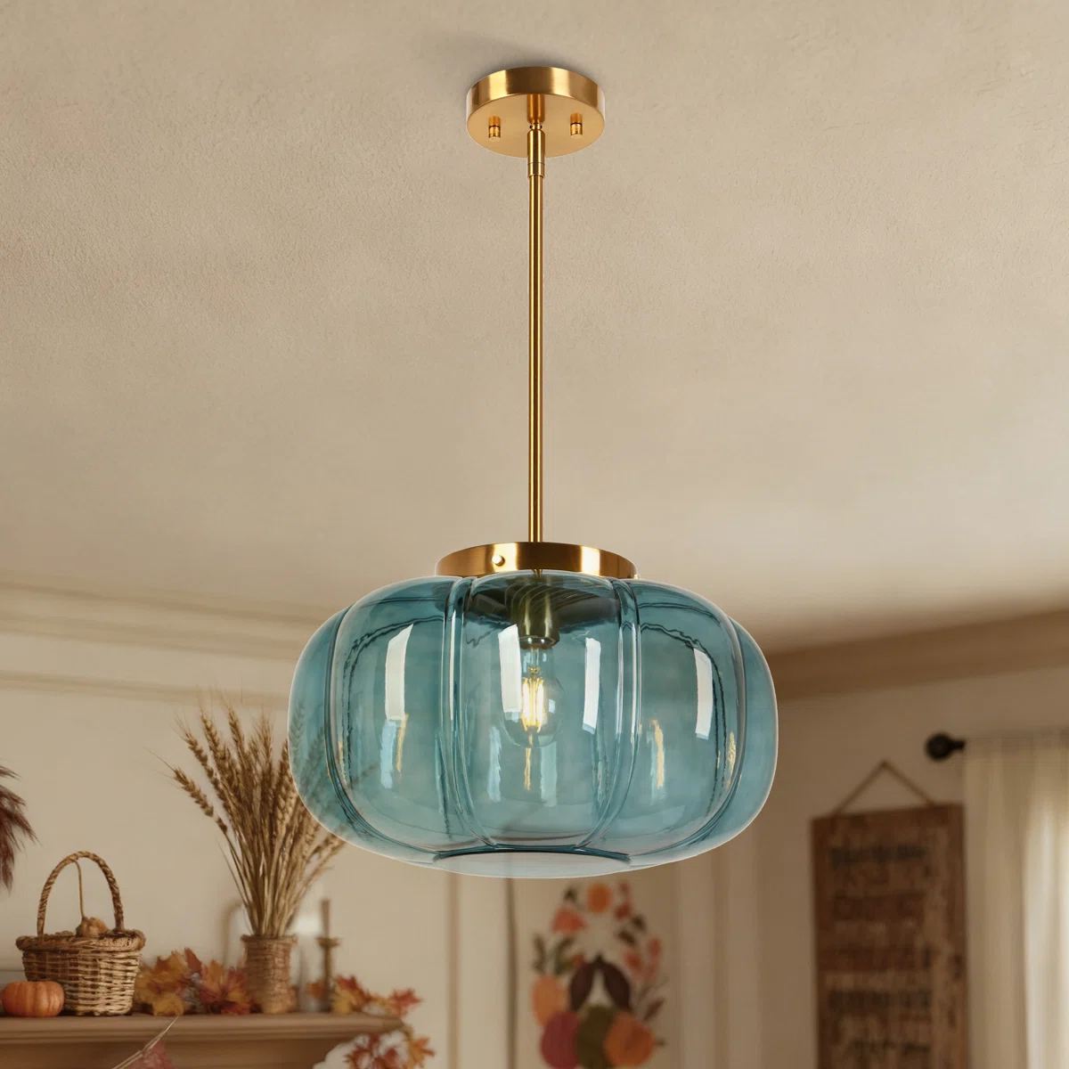 Geribbelde glazen koepelhanglamp met &eacute;&eacute;n licht
