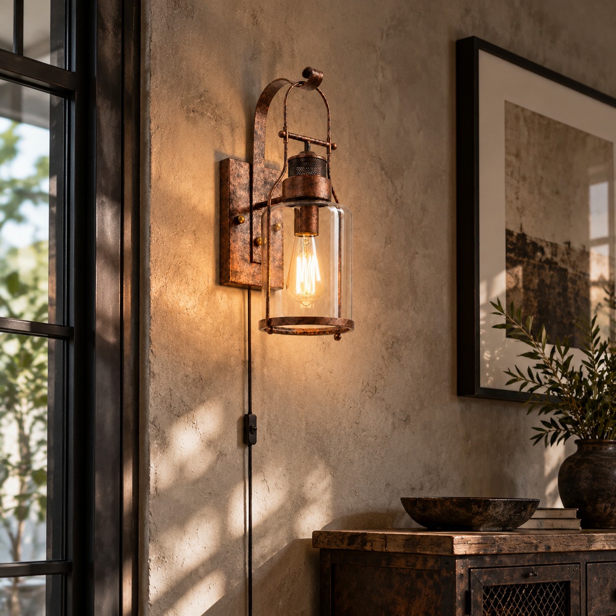 Glass jar wall sconce against a brick wall
